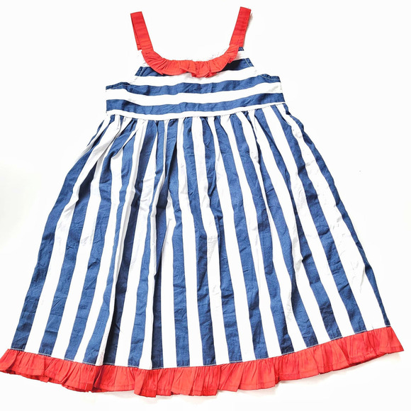 Girls 6-7 Red White Blue Striped Dress Cotton - Picture 1 of 5